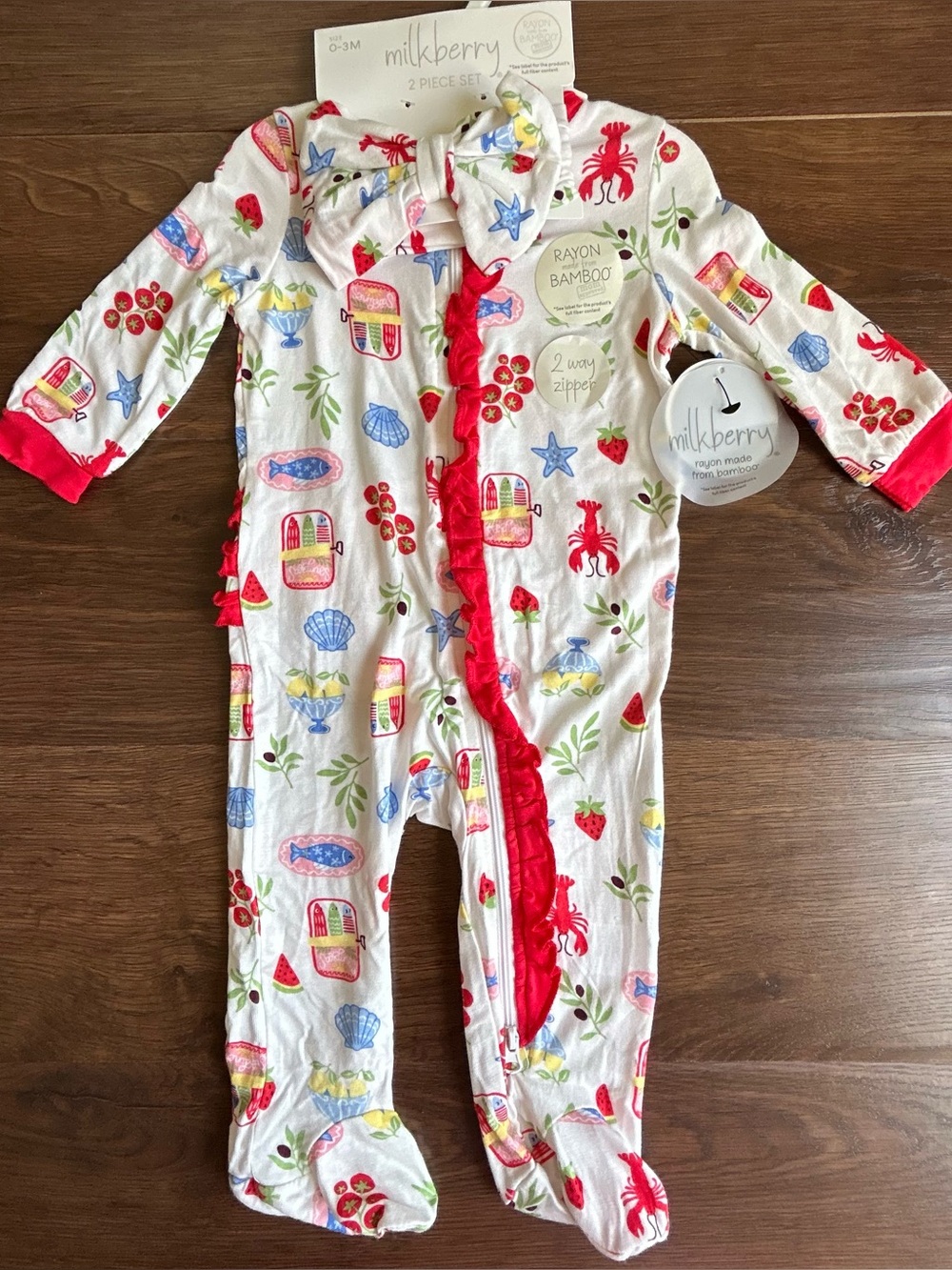 Milkberry Ruffle Bamboo Footie & Bow Set 0-3m Summer Italy Positano Amalfi